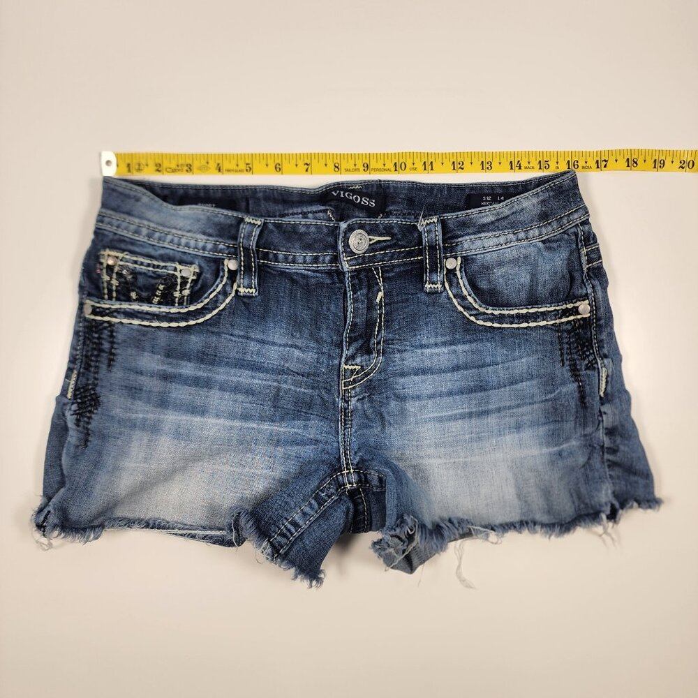 VIGOSS Heritage Fit Frayed Hem Embellished Denim‎ Shorts S 12 Thick Stitch - Picture 2 of 10